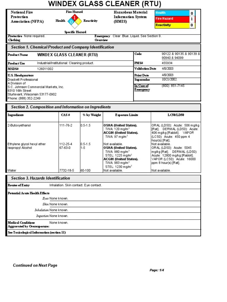 Windex MSDS PDF Safety Occupational Safety And Health