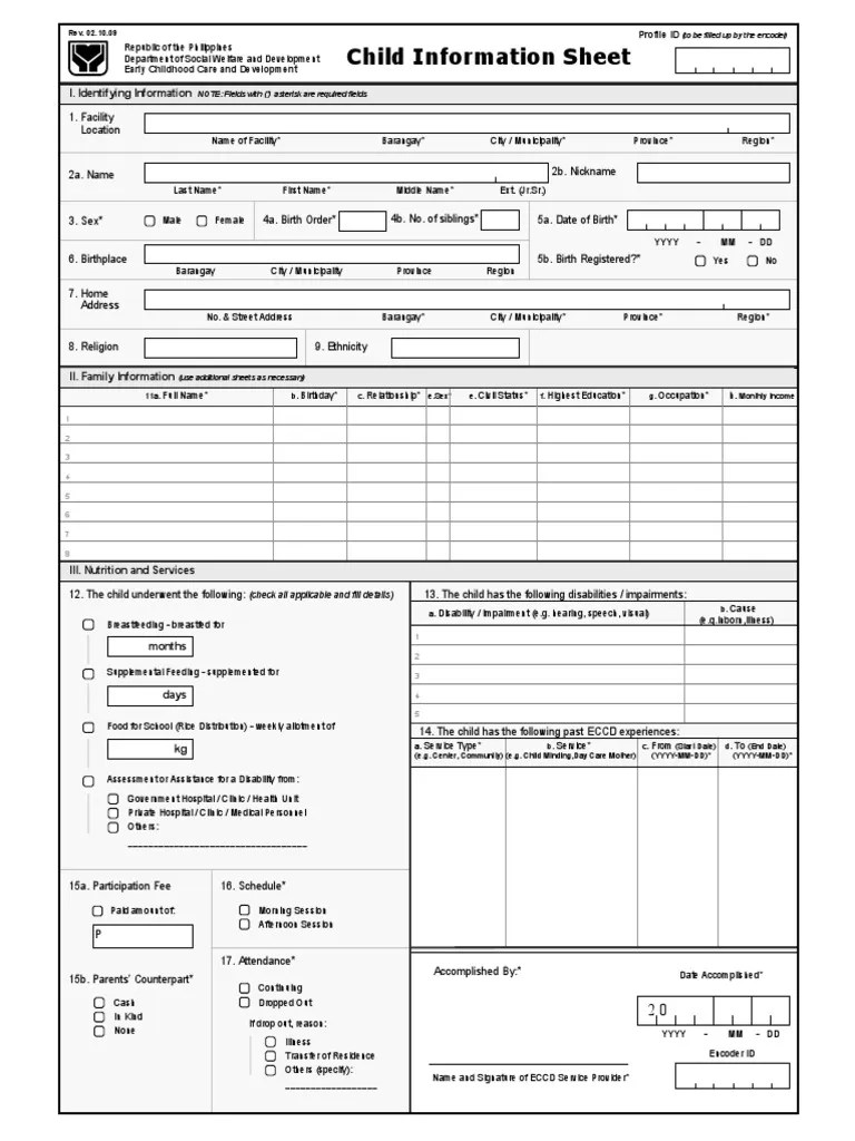 DSWD Eccd Child Profile PDF Disability Health Care