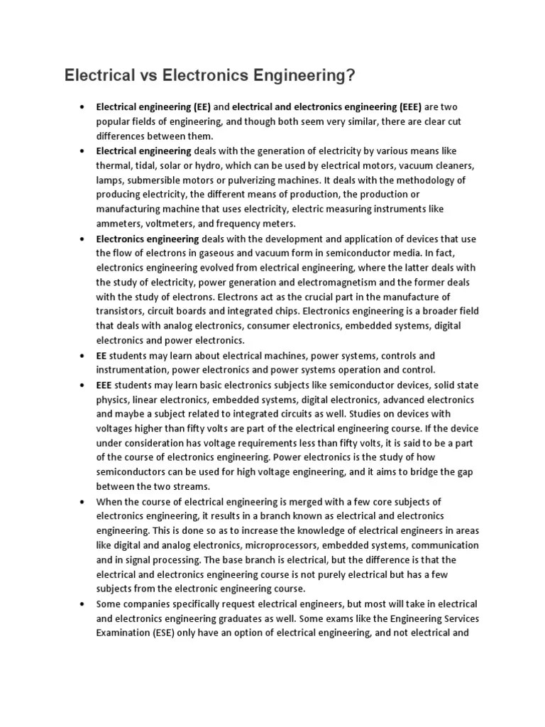 Electrical Vs Electronics Engineering PDF Electronics Electrical