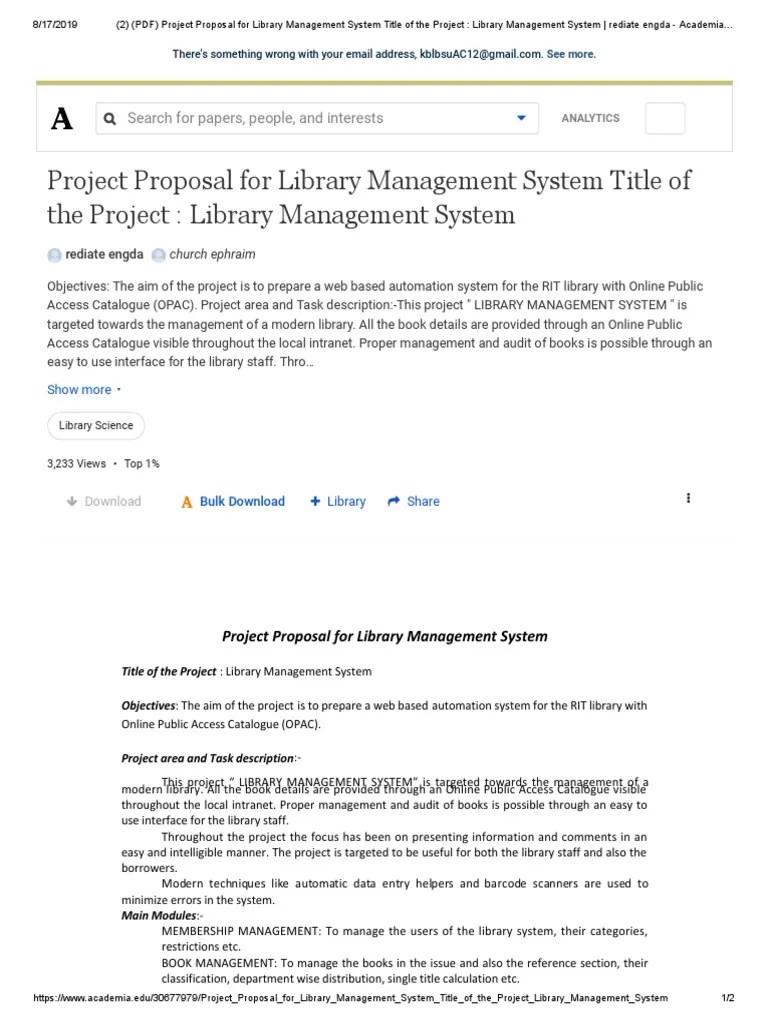 (2) (PDF) Project Proposal for Library Management System Title of the