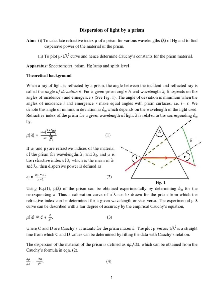 Dispersive Power of Prism PDF Prism Refractive Index