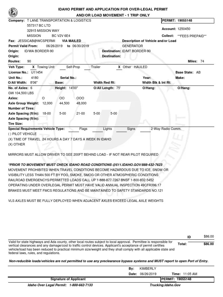 Idaho Permit and Application For OverLegal Permit And/Or Load Movement
