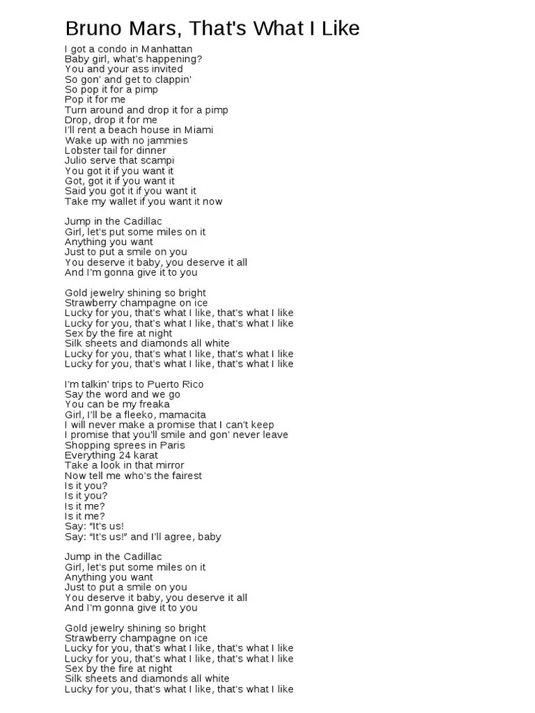 Bruno Mars That S What I Like Lyrics PDF