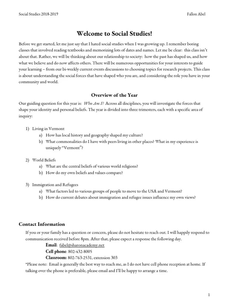 Social Studies Syllabus 2018 2019 PDF Educational Assessment