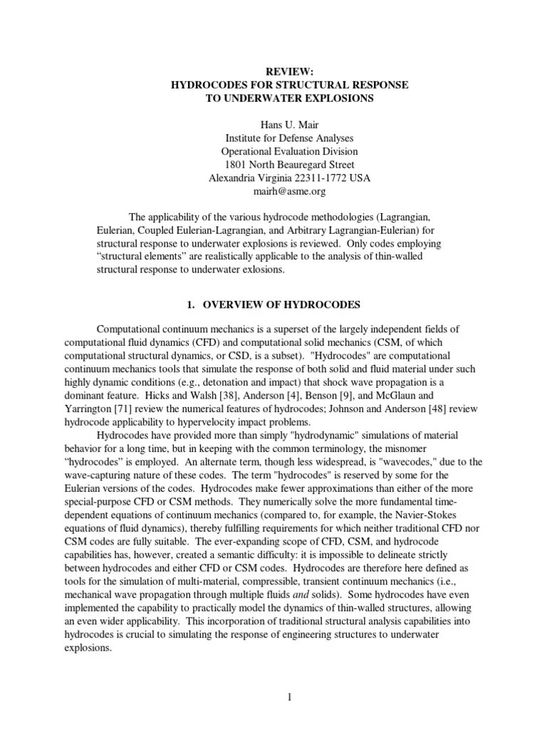 Review Hydrocodes For Structural Response To Underwater Explosions