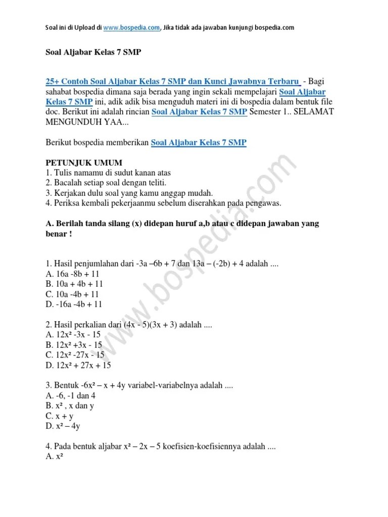 25+ Contoh Soal Aljabar Kelas 7 SMP Dan Kunci Jawabnya | PDF