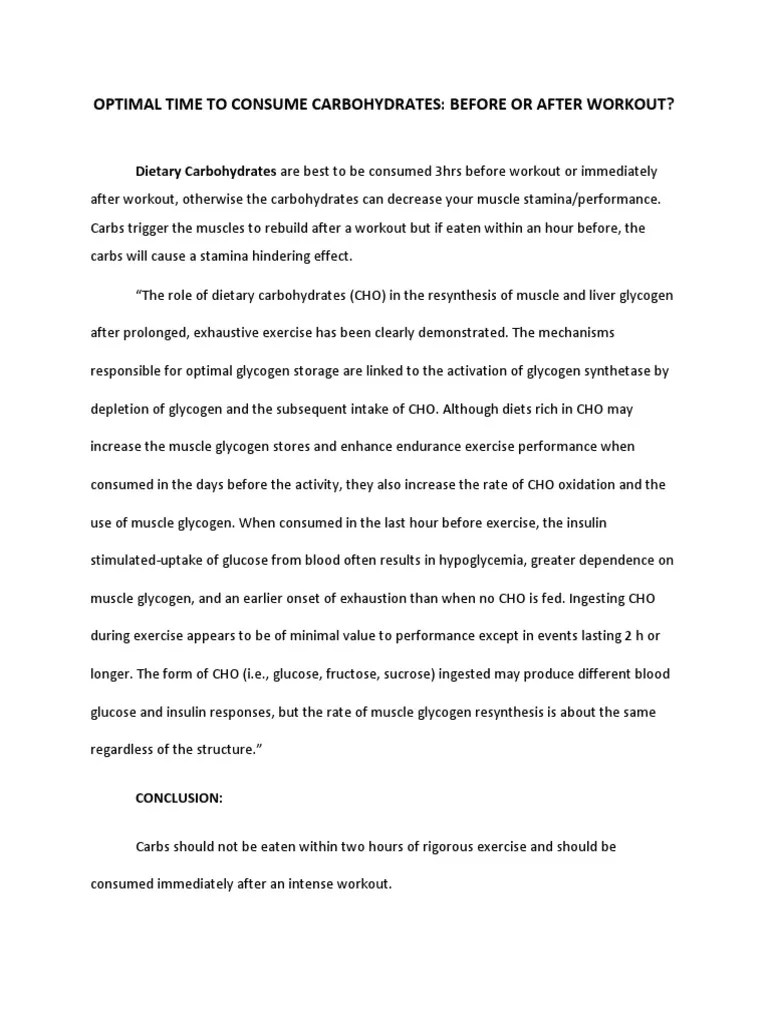 Optimal Time To Consume Carbohydrates Before or After Workout? PDF
