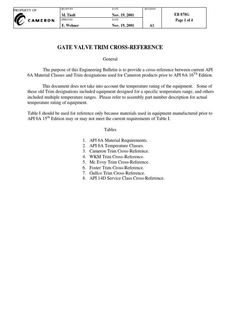 EB878G Gate Valves Trim CrossReference PDF Steel Valve