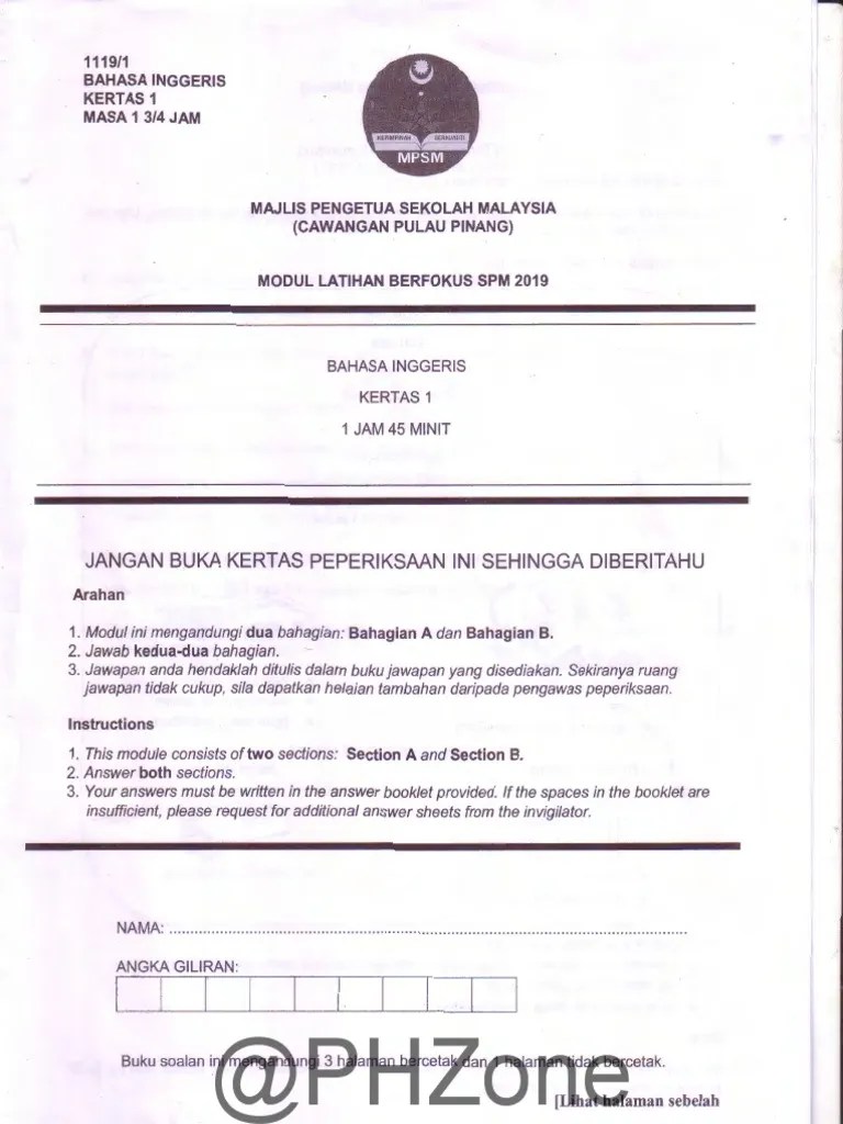 2019 Percubaan SPM Bahasa Inggeris Pulau Pinang Kertas 1 Soalan