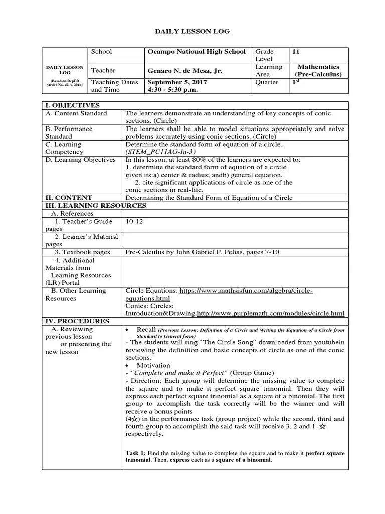 Daily Lesson Log_Grade11Math_PreCalculus_Determining the Standard