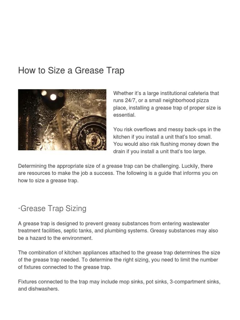 Grease Trap Sizing How To Find The Proper Dimensions PDF Plumbing