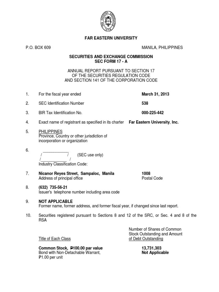 Sec Form 17 a As of March 31, 2013 Dividend Bachelor's Degree
