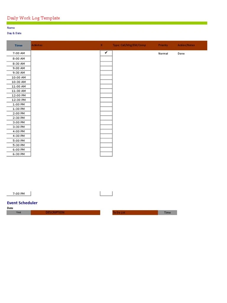Daily Work Log Template Activites X Type Priority Action/Notes Normal Done PDF