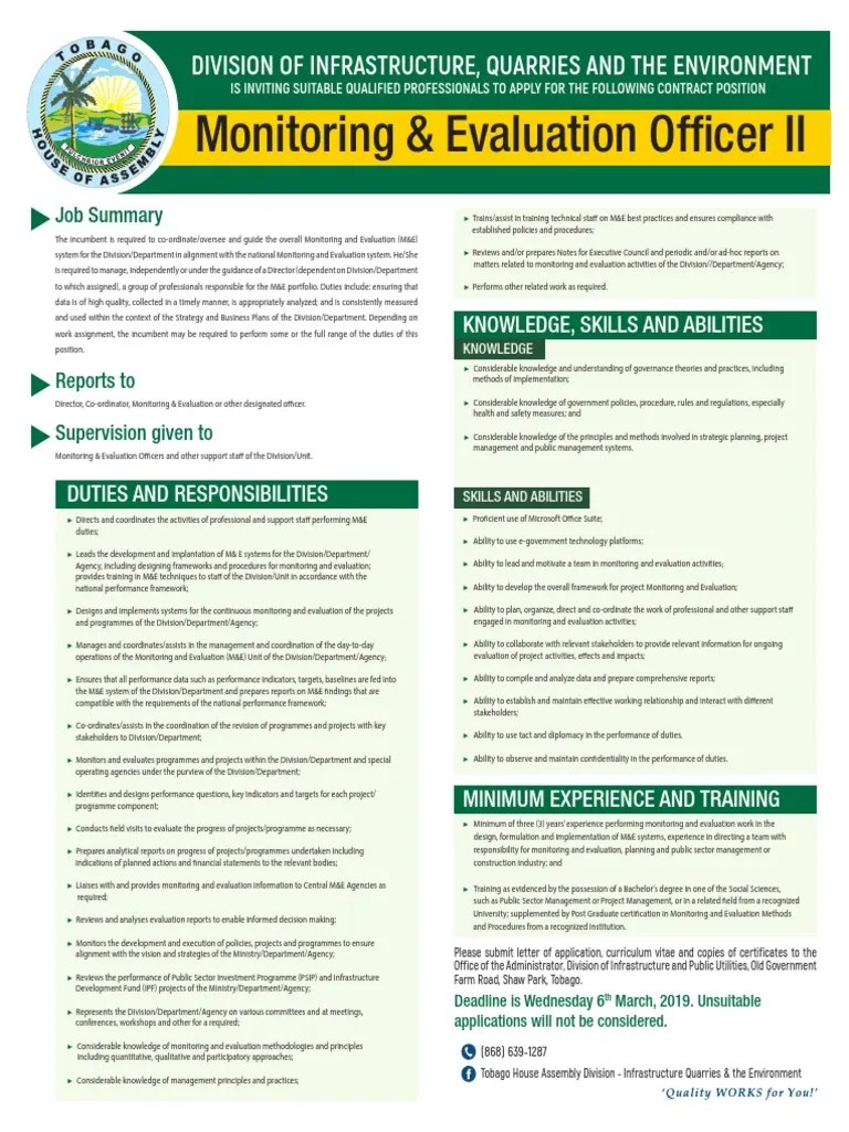 Overseeing Monitoring and Evaluation Job Description for Monitoring