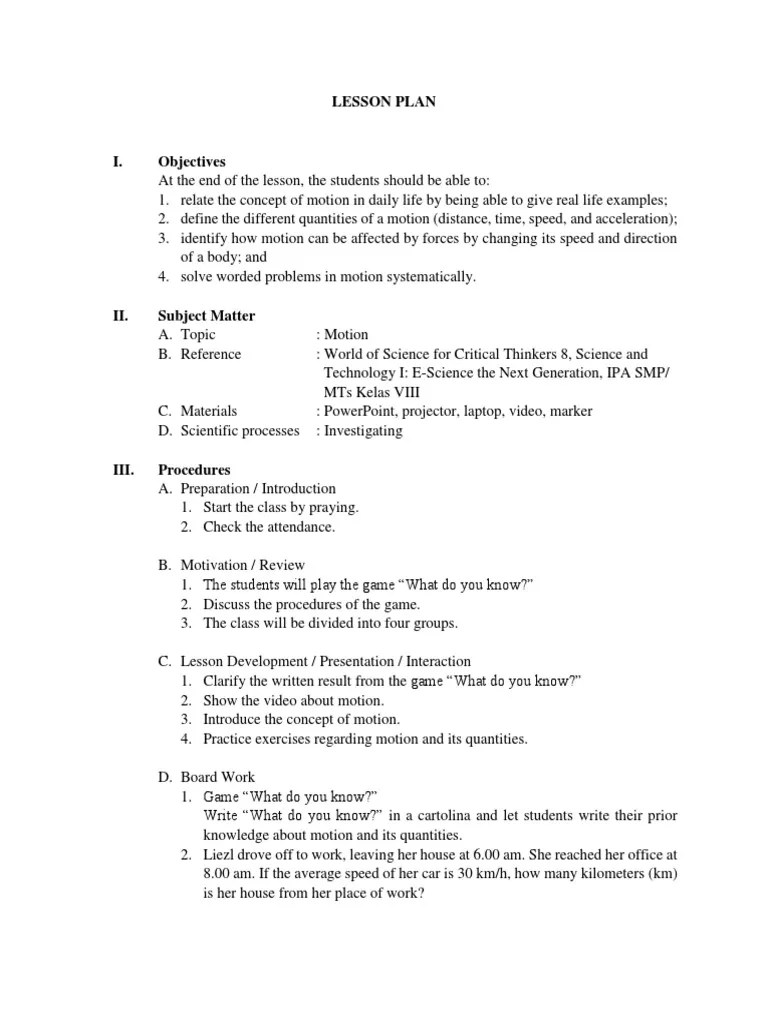 1. Lesson Plan Motion.docx Speed Acceleration
