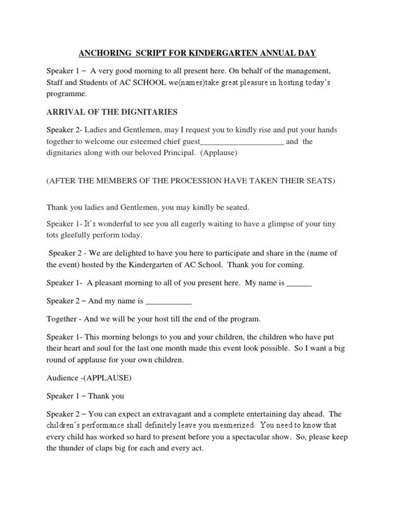Anchoring Script For Kindergarten Annual Day PDF Atmosphere Of