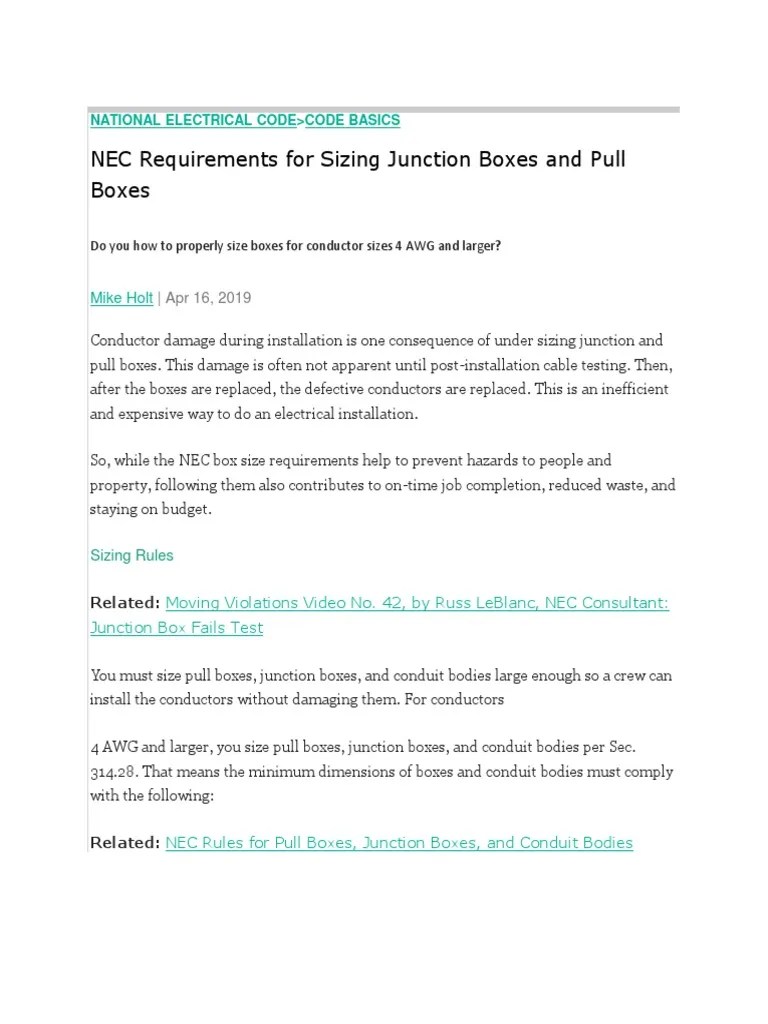 NEC Requirements For Sizing Junction Boxes and Pull Boxes Download
