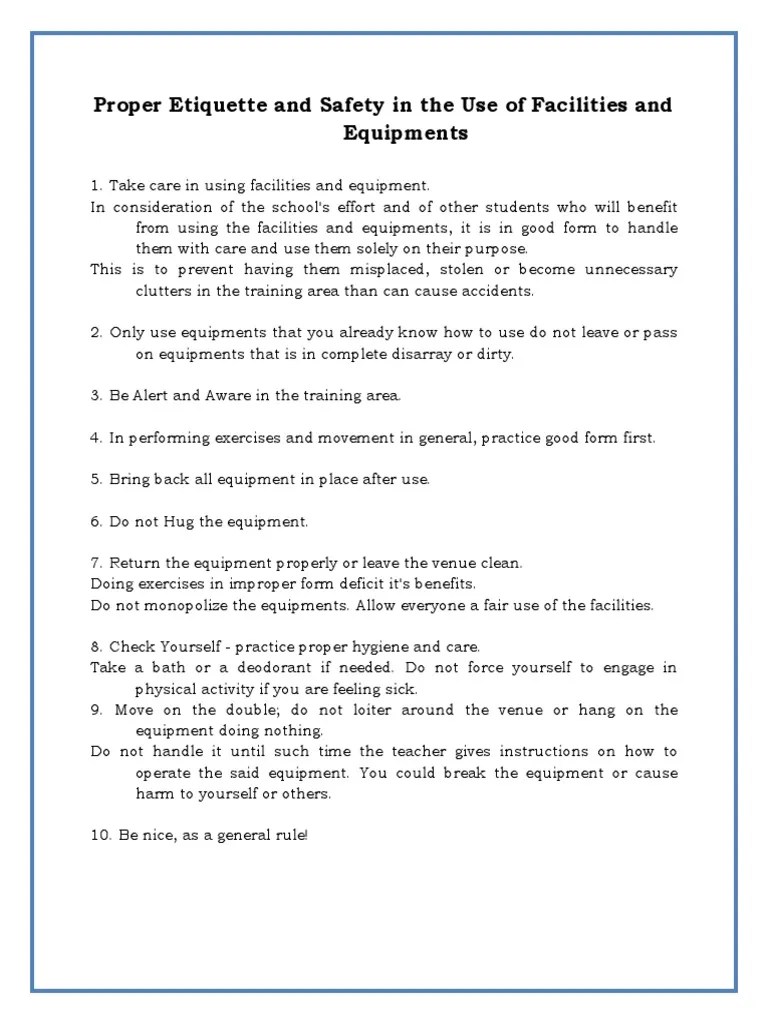 Proper Etiquette And Safety In The Use Of Facilities And Equipments | Pdf |  Weight Training