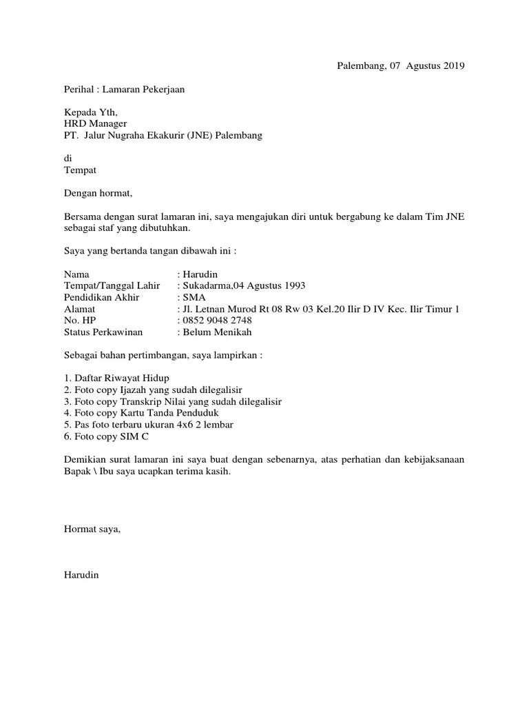 14 Contoh Surat Lamaran Kerja Jne