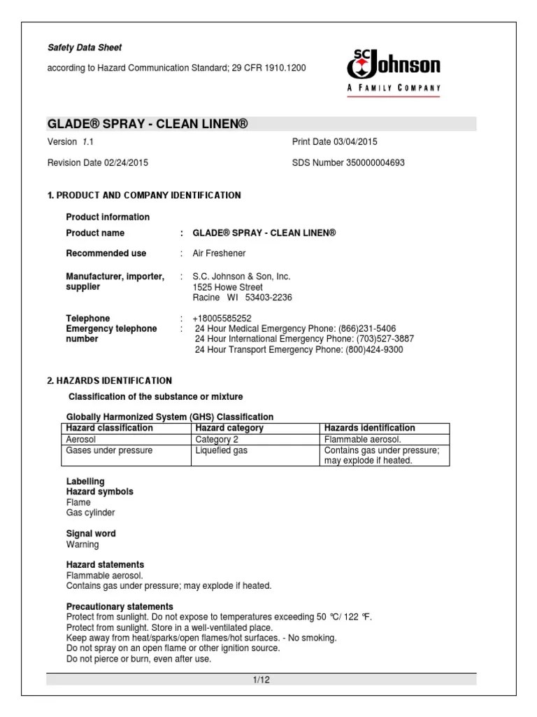 MSDSGlade Spray Air Freshener PDF PDF Toxicity Safety