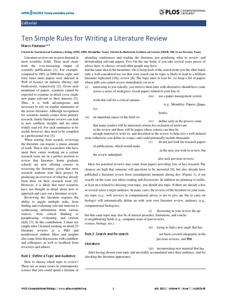 Ten Simple Rules For Writing A Literature Review PDF | PDF | Systematic