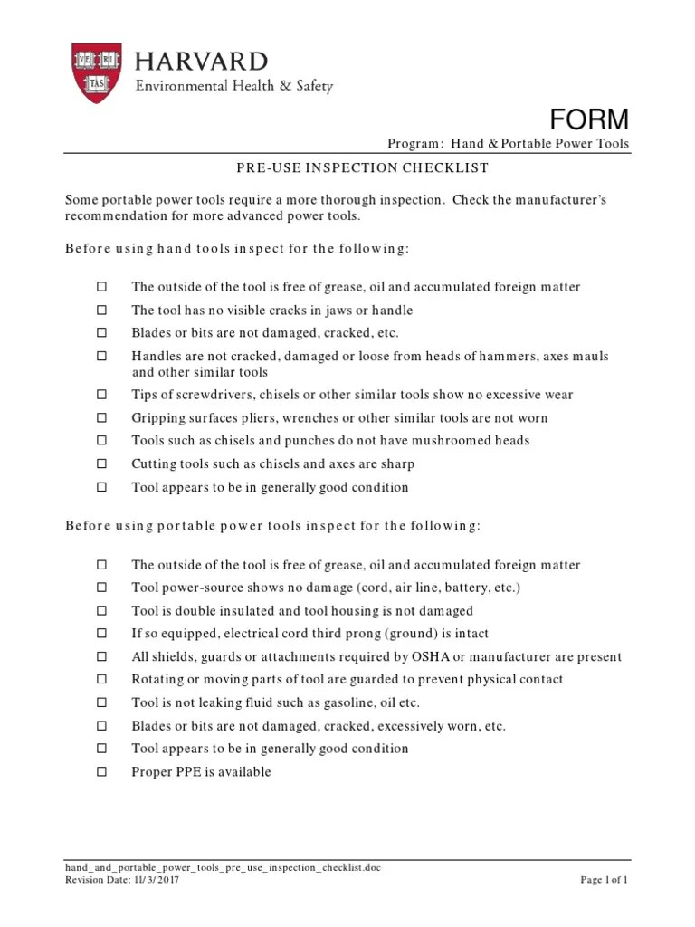 Hand and Portable Power Tools Pre Use Inspection Checklist PDF