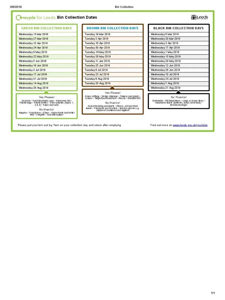 Bin collection dates for Leeds PDF Landscape Hobbies