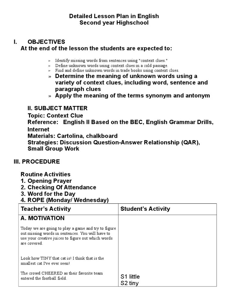 lesson plan detailed context clues