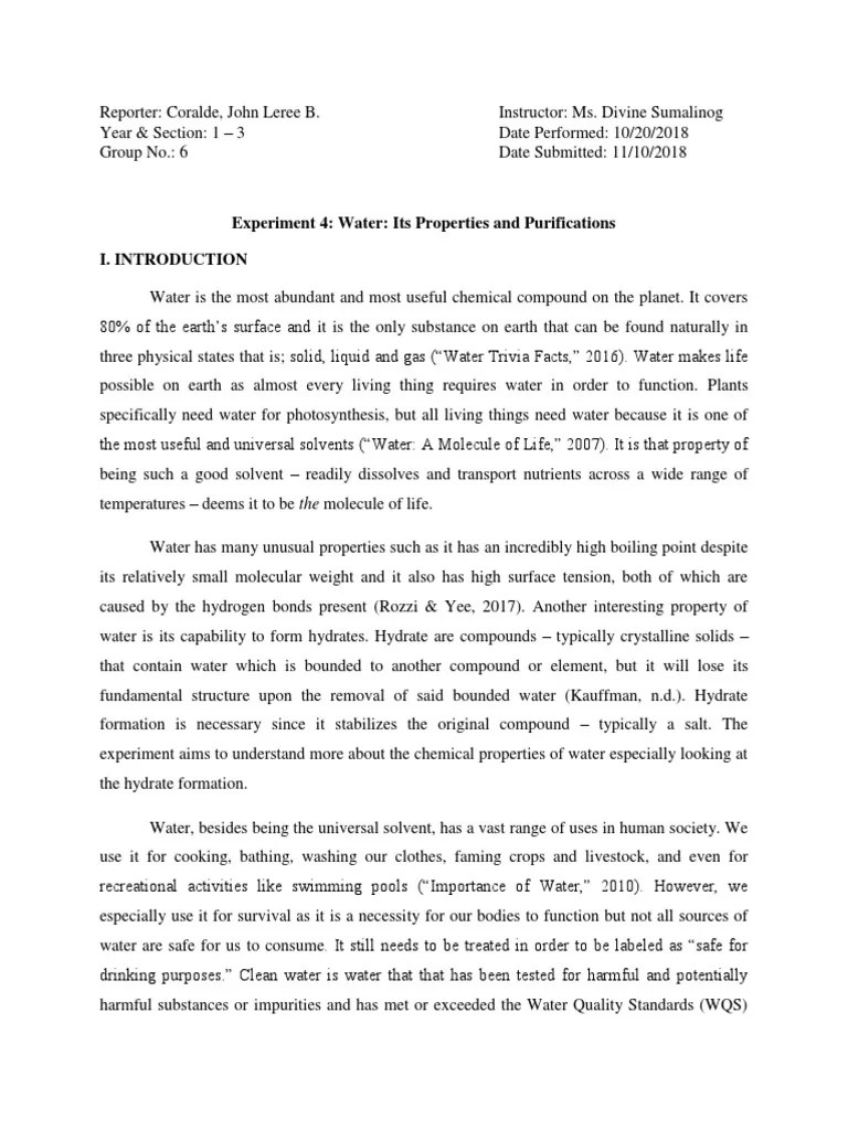 EXPERIMENT 4. WATER ITS PROPERTIES AND PURIFICATION Salt (Chemistry