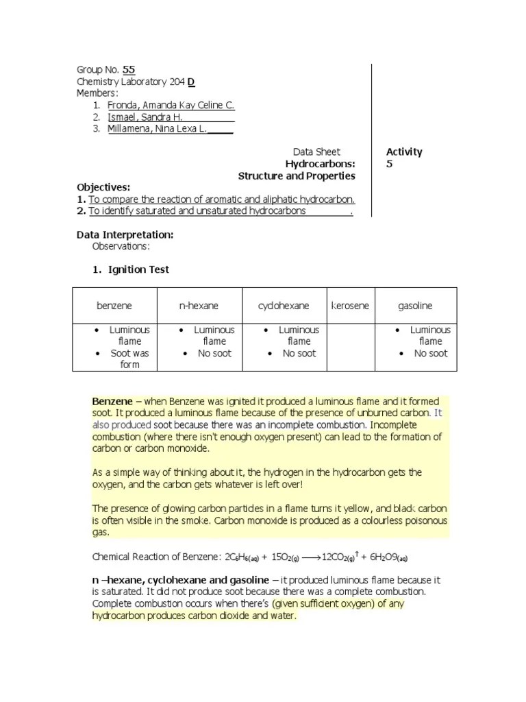 Lab Report Hydrocarbons PDF Hydrocarbons Alkene