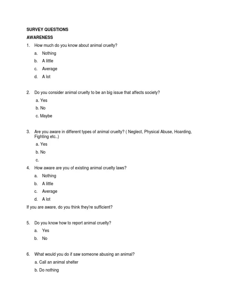 Survey Questions PDF Pet Cruelty To Animals