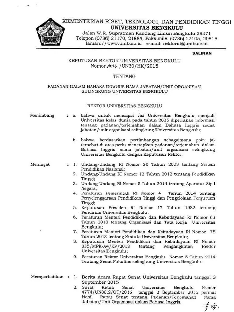 SK Rektor 4526 Padanan Jabatan Dalam Bahasa Inggris | PDF