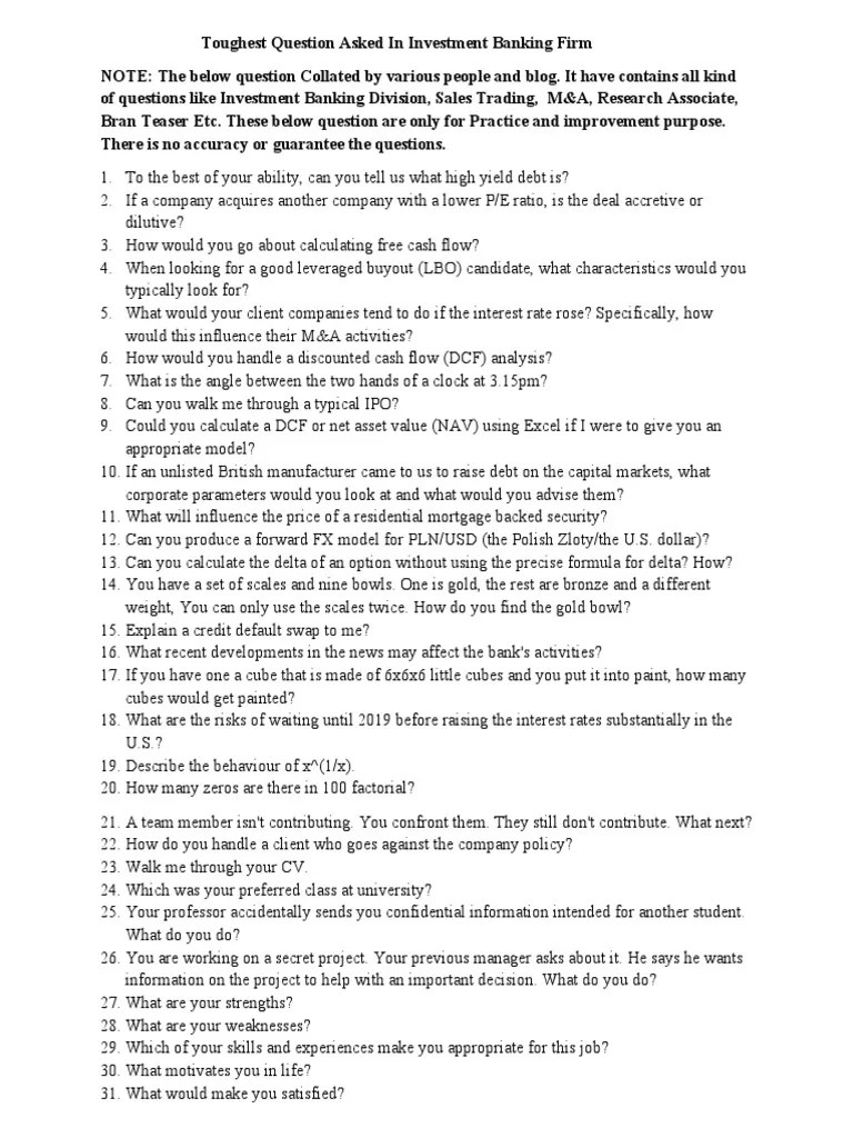 Investment Banking Interview Question 1565173573 PDF PDF Discounted