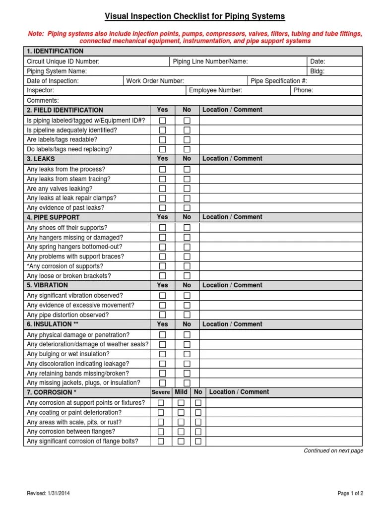 Visual Inspection Checklist for Piping Systems connected mechanical