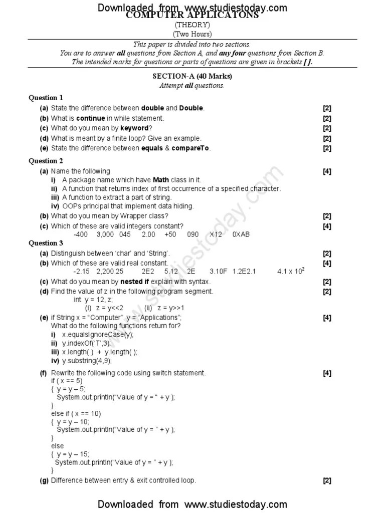 ICSE Class 10 Computer Applications Sample Paper PDF Computer