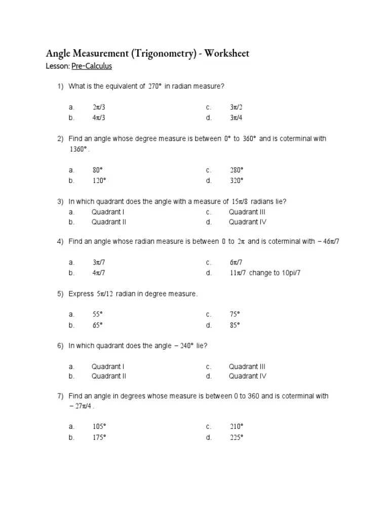 Trigonometry - Angle Measurement Worksheet | PDF