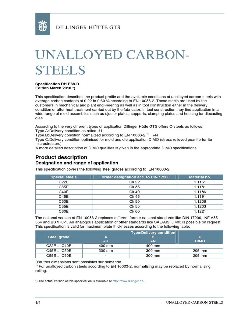 Unalloyed CarbonSteels Product Description PDF Heat Treating Steel