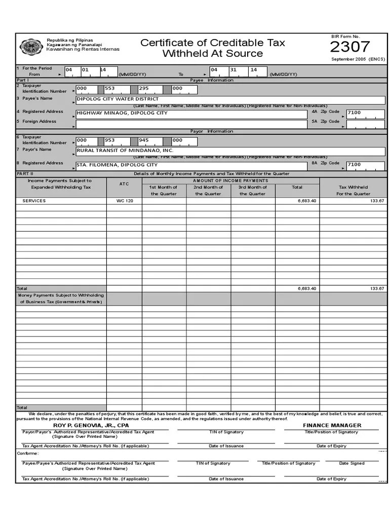 FORM 2307 Withholding Tax Taxpayer