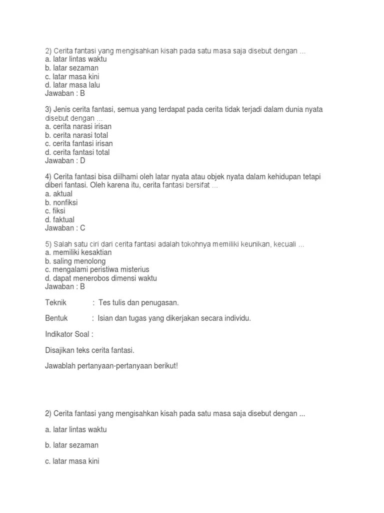 Soal Bahasa Indonesia Tentang Cerita Fantasi Dunia Sosial