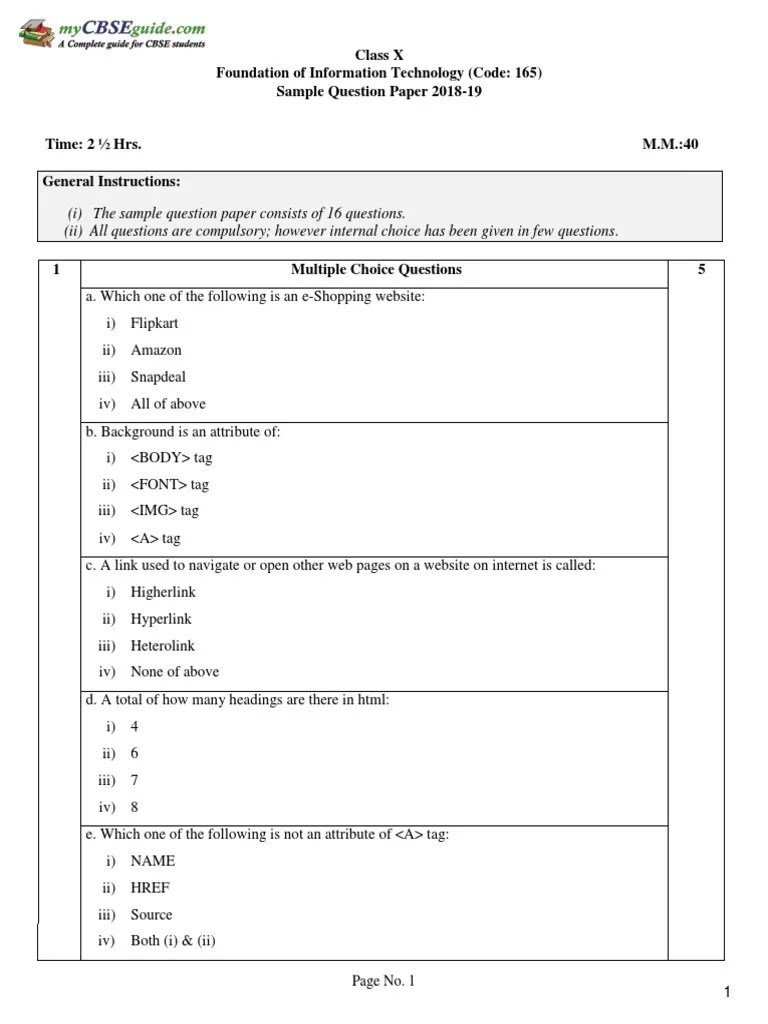 Computer Sample Paper 10th PDF Hyperlink World Wide 