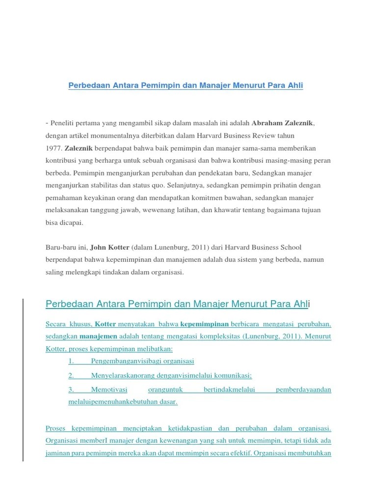 Perbedaan Antara Pemimpin Dan Manajer Menurut para Ahli | PDF