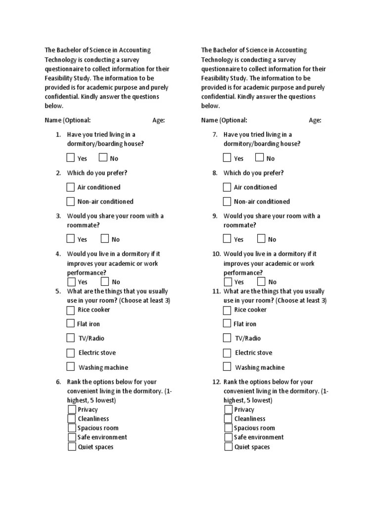 Survey Questionnaire Sample Dormitory Questionnaire