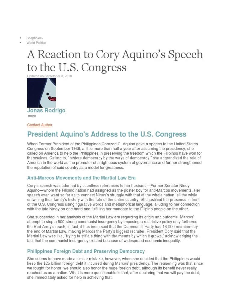 Reaction Paper For Cory Aquino's Speech PDF Corazon Aquino Government