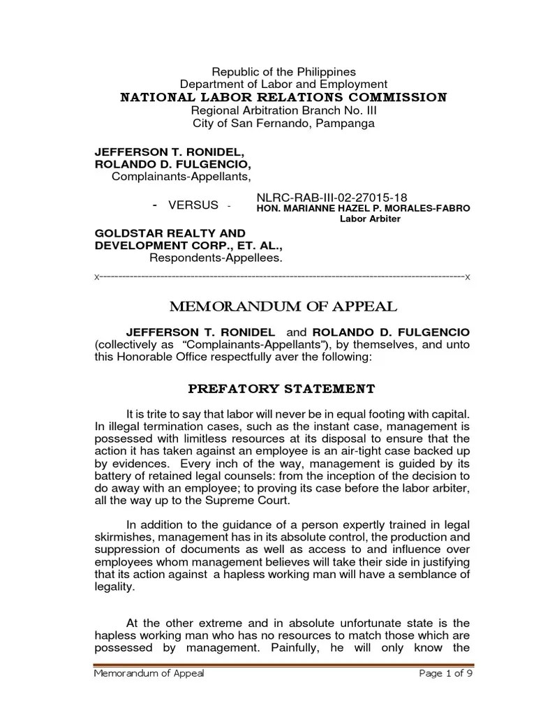 Memo of Appeal Employment Judgment (Law)