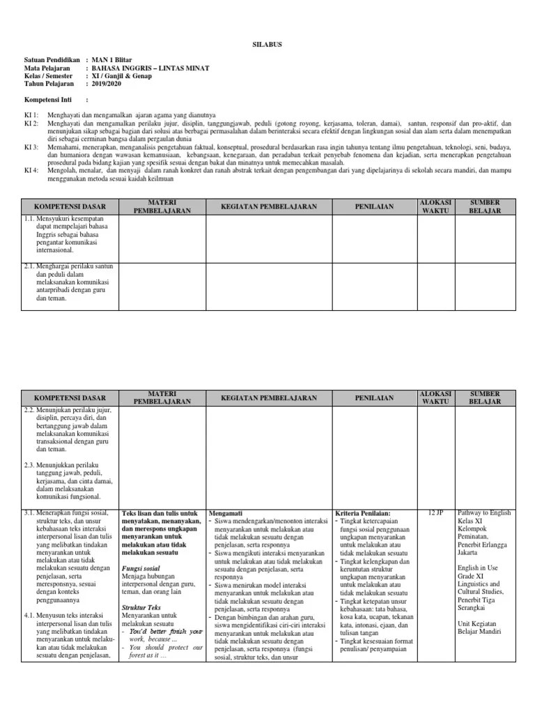 Silabus Bahasa Inggris Lintas Minat Kelas Xi | PDF