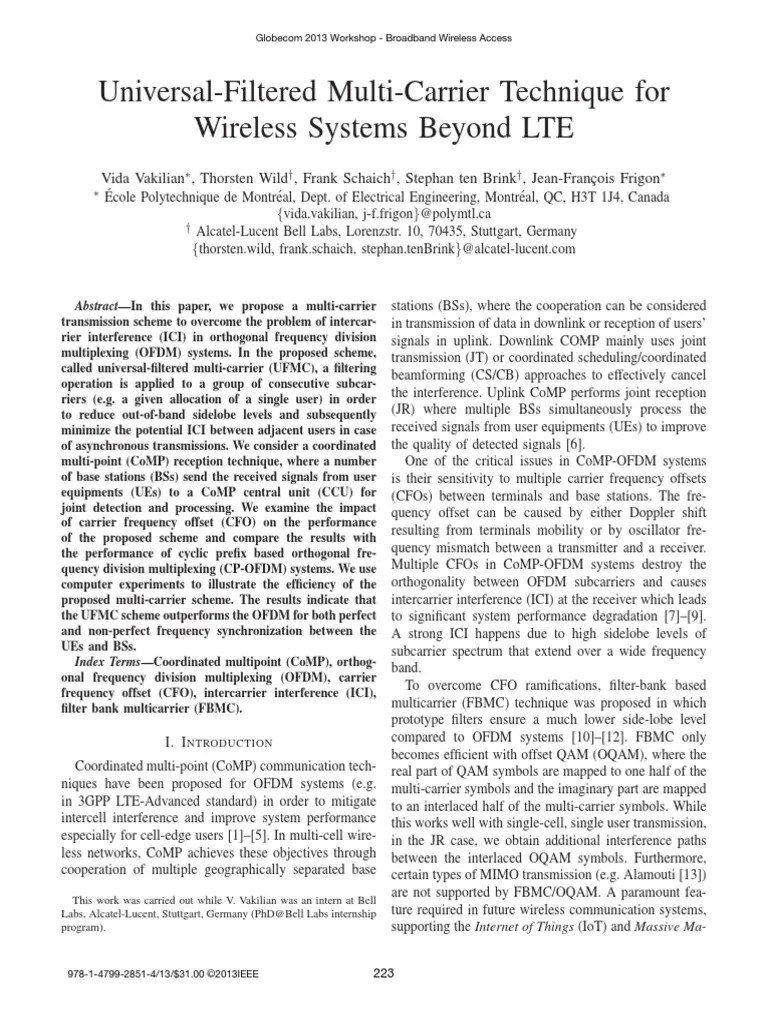 UniversalFiltered MultiCarrier Technique For Wireless Systems Beyond LTE PDF Orthogonal