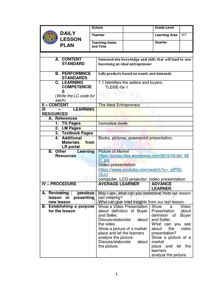 DAILY LESSON PLAN ICT Grade 6 PDF Sales Differentiated Instruction