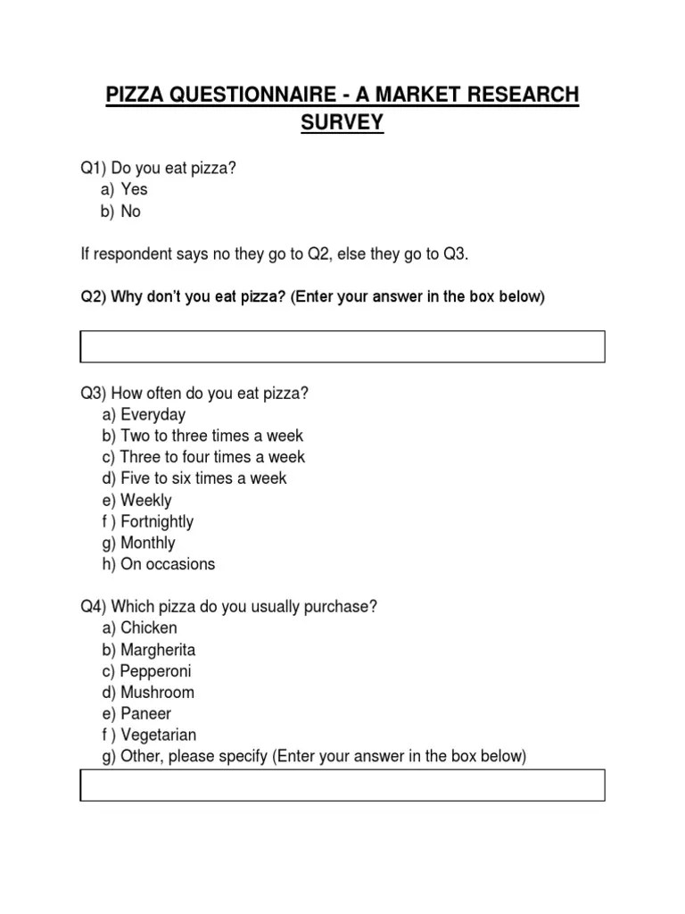 Pizza Questionnaire A Market Research Survey Pizza Foods