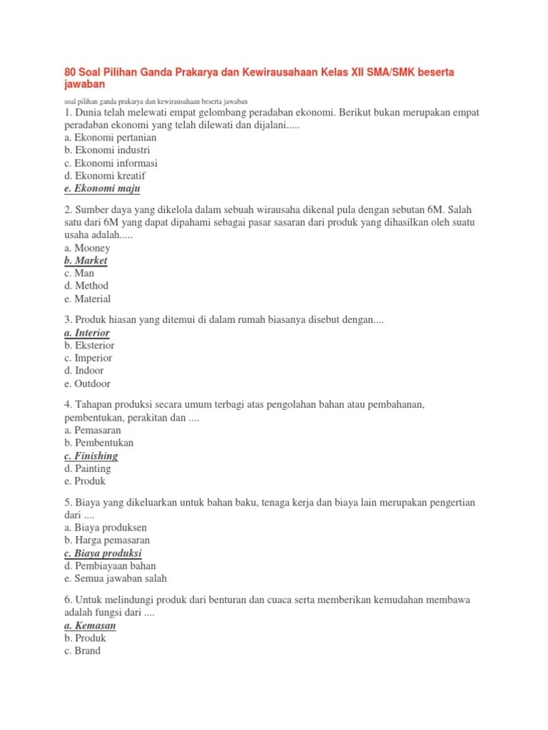 80 Soal Pilihan Ganda Prakarya Dan Kewirausahaan Kelas Xii Sma | Pdf