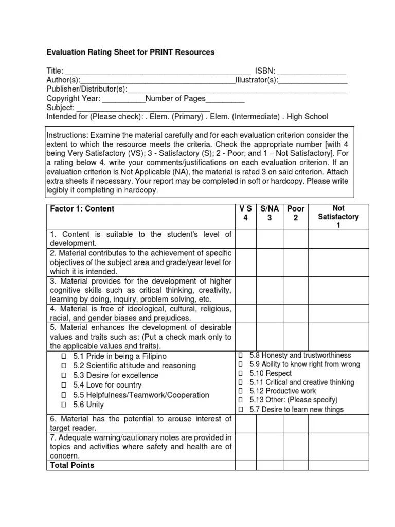 Evaluation Rating Sheet For PRINT Resources PDF Critical Thinking